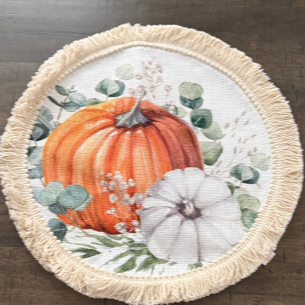 Fringed Pumpkin and Floral Holiday Decor Mat